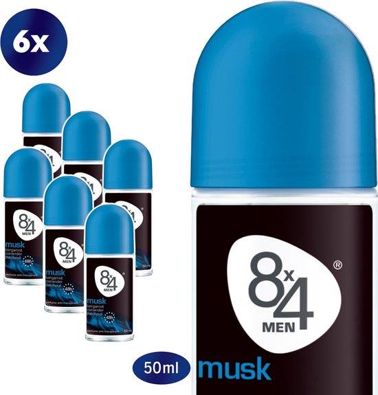 8x4 MEN Musk Deodorant Roller - 6 x 50 ml - Voordeelverpakking