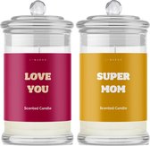 Kaarsen geschenkset Moeder - SuperMom Love You - Grappige Cotton Geurkaarsen voor Moeder - in Glas met Tekst - Verjaardag Cadeau mama - Moederdag Geschenkset - Happy Birthday