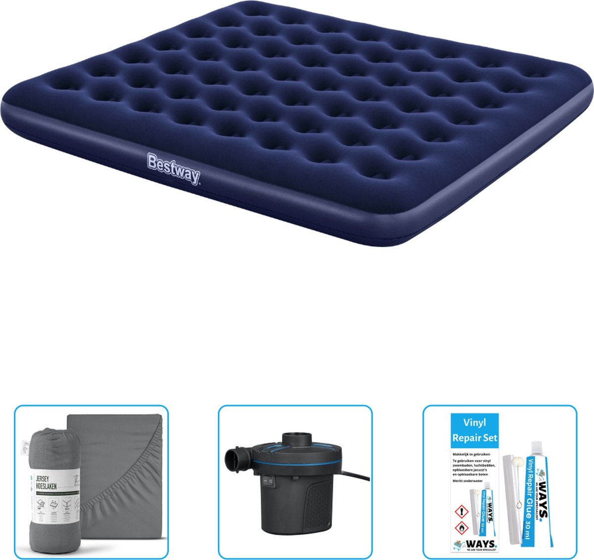 Bestway luchtbed - 2-Persoons - 183 x 203 x 22 cm - Blauw - Inclusief Hoeslaken - Pomp en Reparatieset