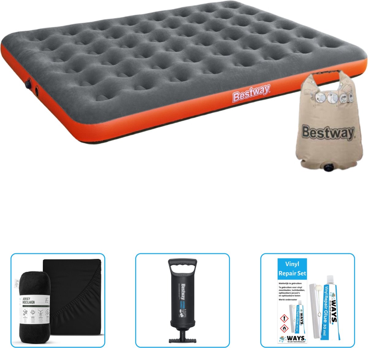 Bestway luchtbed - 2-Persoons - 152 x 203 x 22 cm - Grijs/Oranje - Inclusief Hoeslaken - Pomp en Reparatieset