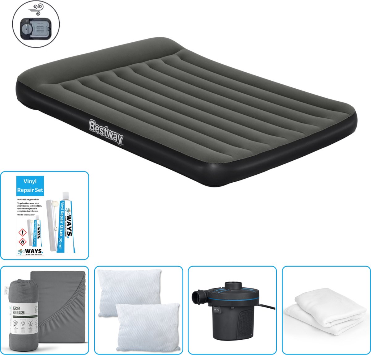 Bestway luchtbed - 2-Persoons - 152 x 203 x 30 cm - Groen - Inclusief pomp - Hoeslaken - Kussen - Kussenbeschermer - Pomp en Reparatieset