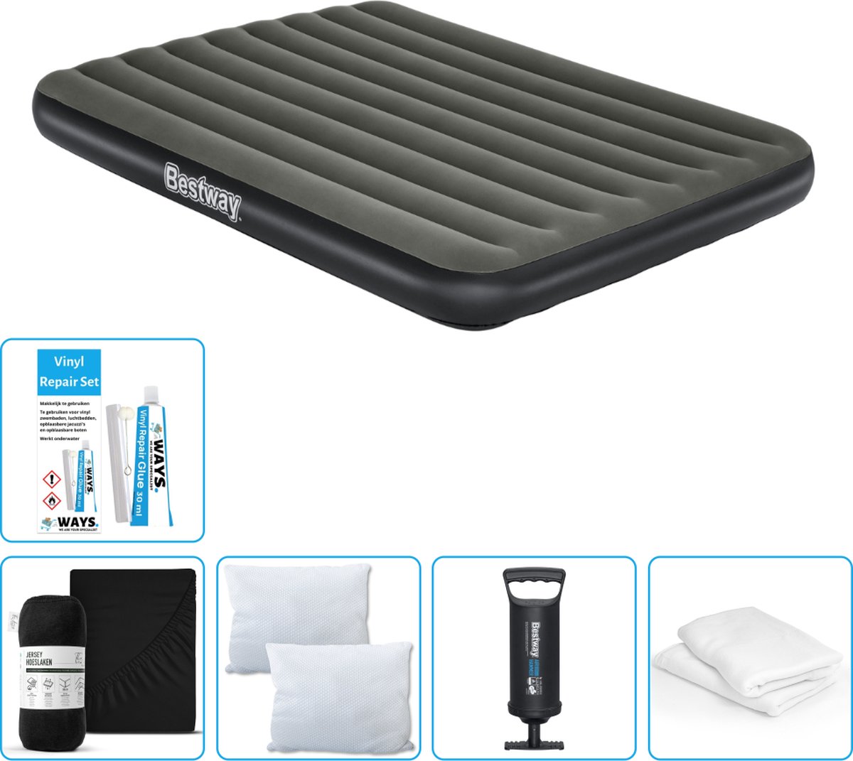 Bestway luchtbed - 2-Persoons - 152 x 203 x 25 cm - Groen - Inclusief Hoeslaken - Kussen - Kussenbeschermer - Pomp en Reparatieset