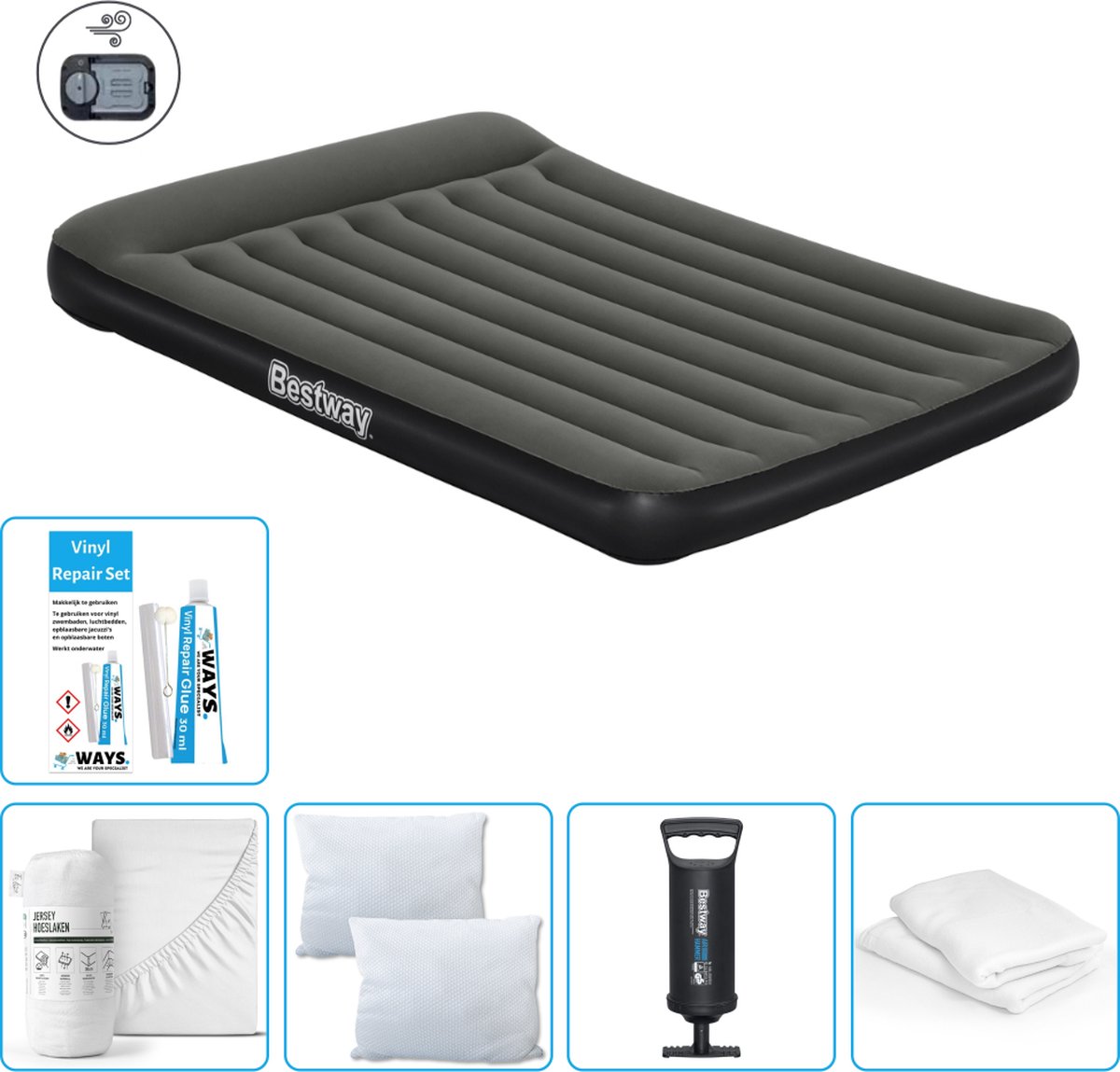 Bestway luchtbed - 2-Persoons - 152 x 203 x 30 cm - Groen - Inclusief pomp - Hoeslaken - Kussen - Kussenbeschermer - Pomp en Reparatieset
