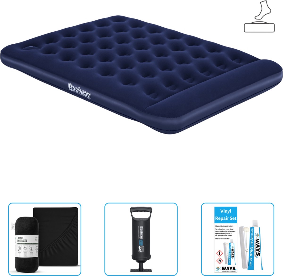 Bestway luchtbed - 2-Persoons - 152 x 203 x 28 cm - Blauw - Inclusief pomp - Hoeslaken - Pomp en Reparatieset