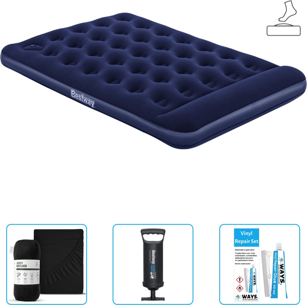 Bestway luchtbed - Twijfelaar - 137 x 191 x 28 cm - Blauw - Inclusief pomp - Hoeslaken - Pomp en Reparatieset