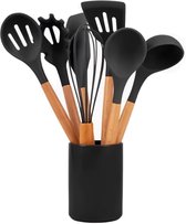 Keukengerei Set 11 stuks, Premium Houten Handvat Siliconen Kookgerei, BPA-vrij, Grijs Inclusief Voedseltang, Schrapers, Serveerlepel, Slotted Turner, Spaghetti Server, Ei Garde, Slotted Lepel