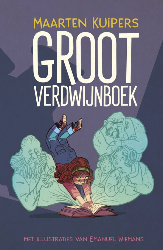 Het omslag van 'Groot Verdwijnboek' door Maarten Kuipers, met illustraties van Emanuel Wiemans. Een meisje met rood haar leunt over een open boek.