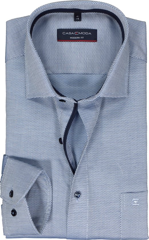 CASA MODA modern fit overhemd - dobby - blauw - Strijkvrij - Boordmaat: 40