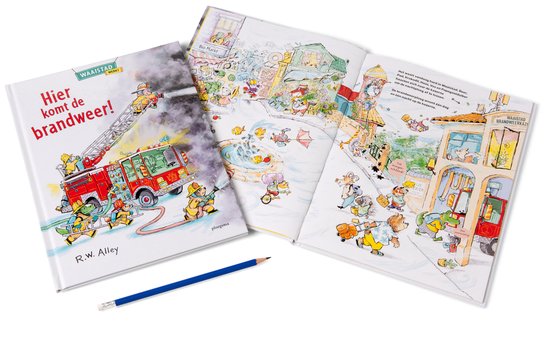 Boekomslag 'Hier komt de brandweer!'. Rood met gele ladderwagen en brandweermannen. Open boek toont binnenillustraties.