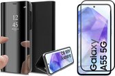 Hoesje geschikt voor Samsung Galaxy A55 - Screenprotector Volledig Dekkend Glas - Spiegel Book Case Zwart