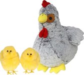 Pluche kip knuffel - 20 cm - grijs - met 4x gele kuikens 7 cm - kippen familie - paas versiering