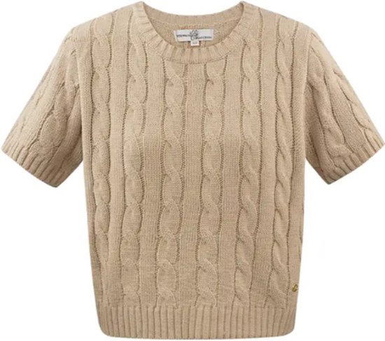 Classic knitted sweater with cables and short sleeves – beige - size L/XL