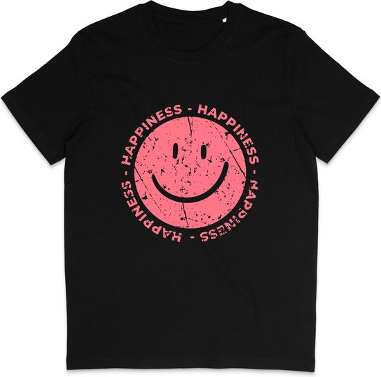 Grappig Dames en Heren T Shirt - Happiness Gelukkig - Roze Smiley -Zwart - 3XL