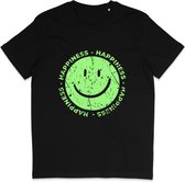 Grappig Dames en Heren T Shirt - Happiness Gelukkig - Groene Smiley -Zwart - M