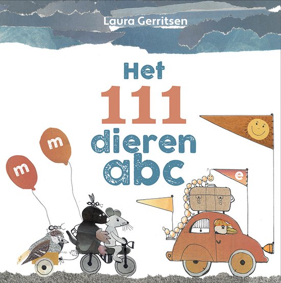 Boekomslag met de titel 'Het 111 dieren abc' in grote letters. Een oranje auto met koffers en een vlag.