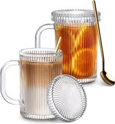 Lot de 2 tasses en verre de 400 ml avec couvercle et paille, tasse à smoothie avec paille, design hermétique, étanche, tasse de voyage, tasse à café glacé, gobelet à thé aux
