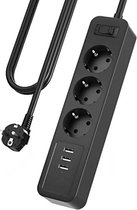 Stekkerdoos met usb - Verdelerstopcontact 3-weg met 3 USB-oplaadpoorten, wandmontage met 3 m kabel - Zwart