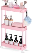 Smalle keukentrolley met 3 niveaus, 13 cm breed opbergwagen op wielen voor keuken of woonkamer enz., roze, 40 x 13,5 x 62 cm