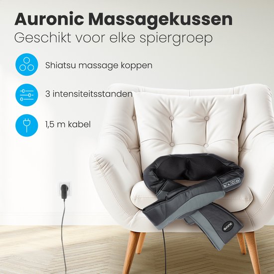 Auronic Shiatsu Massagekussen - Elektrisch Nekmassage Apparaat - Massage Apparaten - Nek en Schouder Massage Apparaat - Infrarood - Zwart/Grijs - Auronic