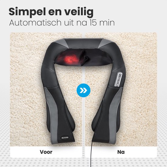 Zwart/grijs nekmassagekussen met infrarood warmtefunctie, de massagekoppen gloeien rood.