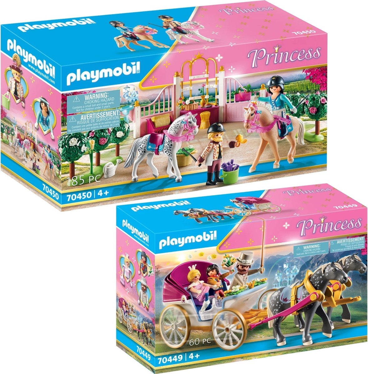 PLAYMOBIL Princess 2-delig set Romantische Paardenkoets + Paardrijlessen in de Stal
