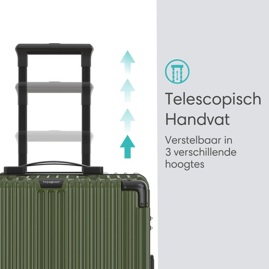 Close-up van de olijfgroene koffer, met focus op de telescopische handgreep die in drie hoogtes verstelbaar is.