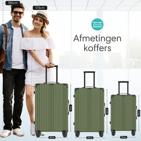 Man van 186cm en vrouw van 173cm naast drie olijfgroene koffers van verschillende maten (77cm, 66cm, 57cm).