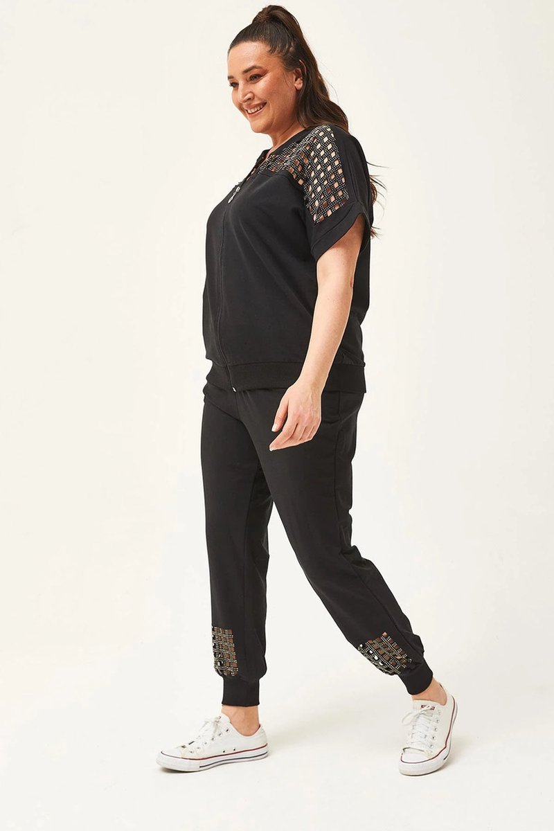 Dames Grote Maat Trainingspak met Transparante Snede en Steendruk 3XL Zwart - Curvy Size Fitnesspak XXXL Tracksuit