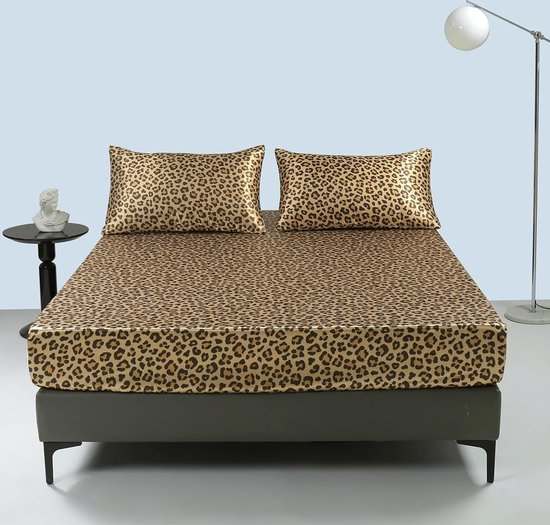 Hoeslaken 180 x 200 cm goud luipaardprint zijdeglanzend hoeslaken hoogwaardig satijnen luxe laken geschikt voor matrassen tot 25 cm