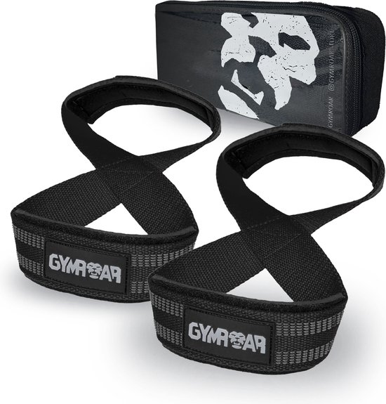 Gymroar Sangles de levage Figure 8 (avec housse de rangement) – Sangles antidérapantes – Crochets de levage – Musculation – Powerlifting – Ceinture de levage – Zwart – Taille unique
