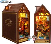 Boek Nook Kit (met 2 poppen)- 3D houten modelbouw -Colmar Town- DIY Miniatuur Huis Kit Boek Nook- Model Bouwpakket met Lichten - DIY Poppenhuis Kits voor Kinderen en Volwassenen - Cadeau voor Verjaardag Thanksgiving Day Kerstmis