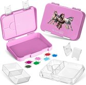 lunchbox voor kinderen; met 4 + 2 compartimenten; extreem sterke broodtrommel; ideaal voor de kinderopvang en op school (roze, paarden)