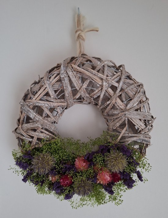Simply D Wreath fleurs séchées - couronne de racines de lavage blanc - fleurs séchées - matériaux naturels