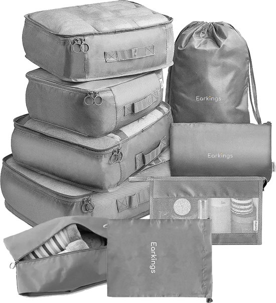 Earkings Packing Cubes Koffer Organizer Set - 9-Delige Kleding Organizer Compression Cube - Bagage Organizers voor Backpack en Koffer - Grijs