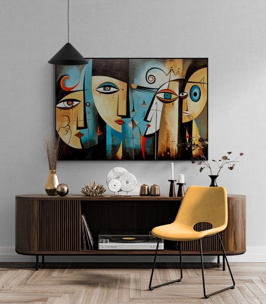 JJ-Art (Aluminium) 120x80 | Visages femmes, abstrait, Picasso, Joan Miro, cubisme, art | marron, bleu, rouge, noir, moderne | photo peinture sur dibond, décoration murale métal