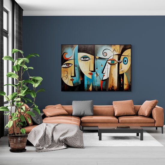 JJ-Art (Toile) 150x100 | Visages femmes, abstrait, Picasso, Joan Miro, cubisme, art | marron, bleu, rouge, noir, moderne | Impression sur toile Photo-Painting (décoration murale)
