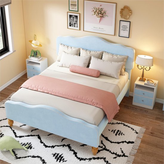 Sweiko Modern design Gestoffeerd bed, Slaapkamer set, Nachtkastje met 2-lades, slaapkamer meubelset, fluweel, Blauw (140x200 cm)