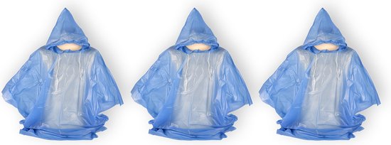 Blauwe Reflecterende Regenponcho | 3 Stuks | Kunststof | 131x131x100cm | Met Capuchon | Herbruikbaar voor Dames Heren en Kinderen | Ideaal voor Fietskleding en Bescherming Bij Slecht Weer