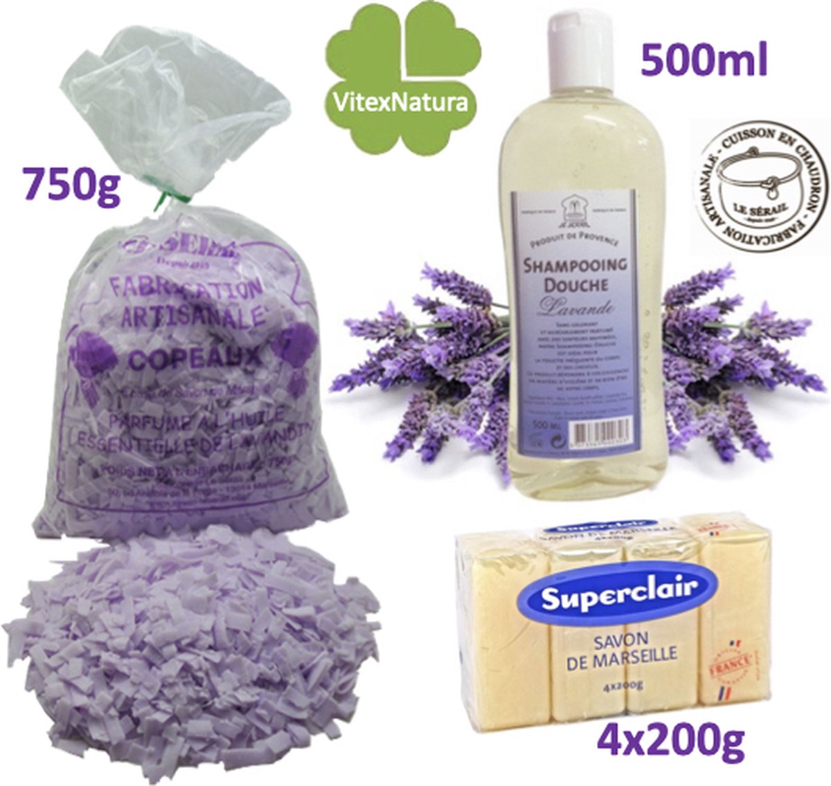 Goedkoopste Bio persoonlijke hygiëne VOORDEEL pakket. Biologisch ecologisch. Lavendel shampo douche 500ml, lavendel zeepvlokken 750g, glycerine lavendel zeep stukken 4x100g.