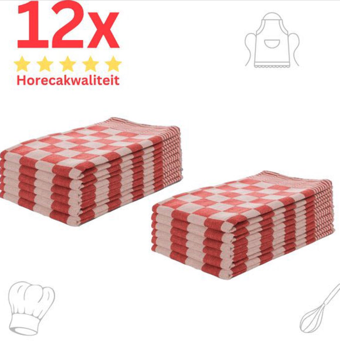 Theedoeken - Horeca Kwaliteit - Katoenenen Theedoeken set - 12 x - Rood Wit - Ophang Lus