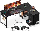 L-vormig bureau met laden en stopcontacten - omkeerbare pc-tafel voor thuiskantoor en gaming - 135 × 100 cm zwart