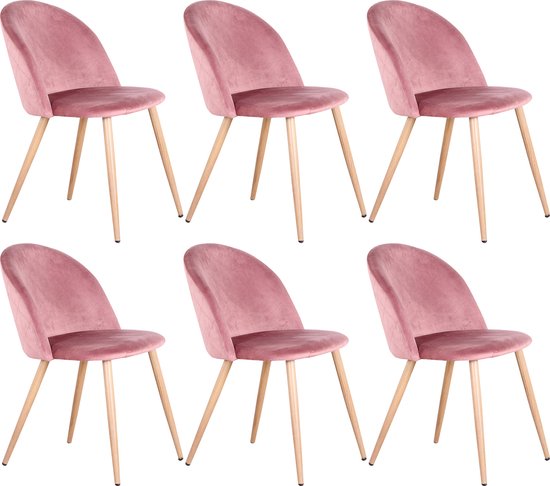 Wildor® Set van 6 stoelen met fluwelen bekleding - Metalen stoelpoten - Luxe eetkamerstoelen - Woonkamerstoelen - Roze fluweel - Zithoogte 43cm