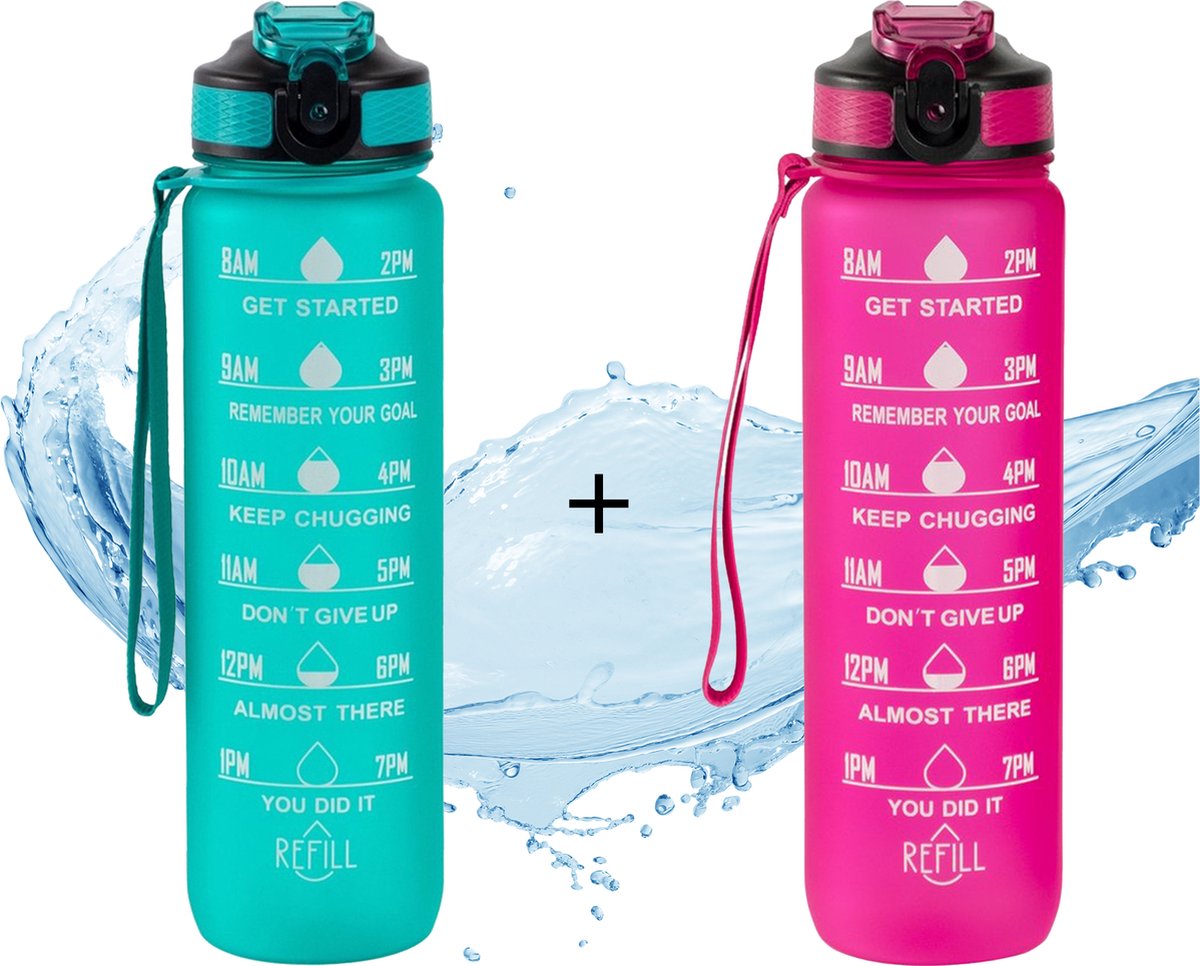 Vipes® Motivatie Waterfles - 1+1 gratis - Drinkfles 1 liter - Tijdsmarkering - Drinkfles met rietje - Bidon - Roze & Cyan