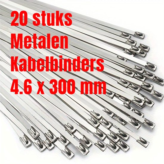 Allernieuwste.nl® 20 STUKS RVS Metalen Kabelbinders Tie Wraps Tyraps 4.6 x 300 mm - max 90 kg Trekkracht - Binnen en Buiten - Waterafsotend UV- Roest- en Chemisch Bestendig - 4.6 x 300mm - 20 Stuks %%