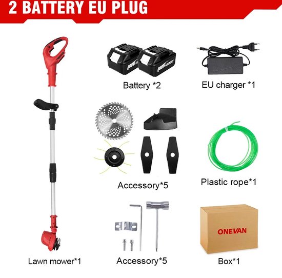 Grasmaaier - Grastrimmer - Incl 2 Accu´s & Oplader - Onkruid - Maaier - Kantelmaaier - Rood — afbeelding 2