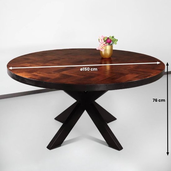 Eettafel rond mangohout visgraat 150cm Avelyn bruin ronde industriële tafel duurzaam mango eetkamertafel