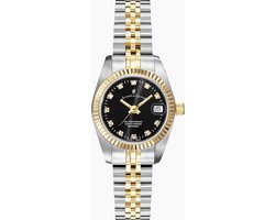 Jacques du Manoir Horloge NRO.21 Staal met Geelgouden Plating en Zwarte Wijzerplaat met Zirconia 36mm