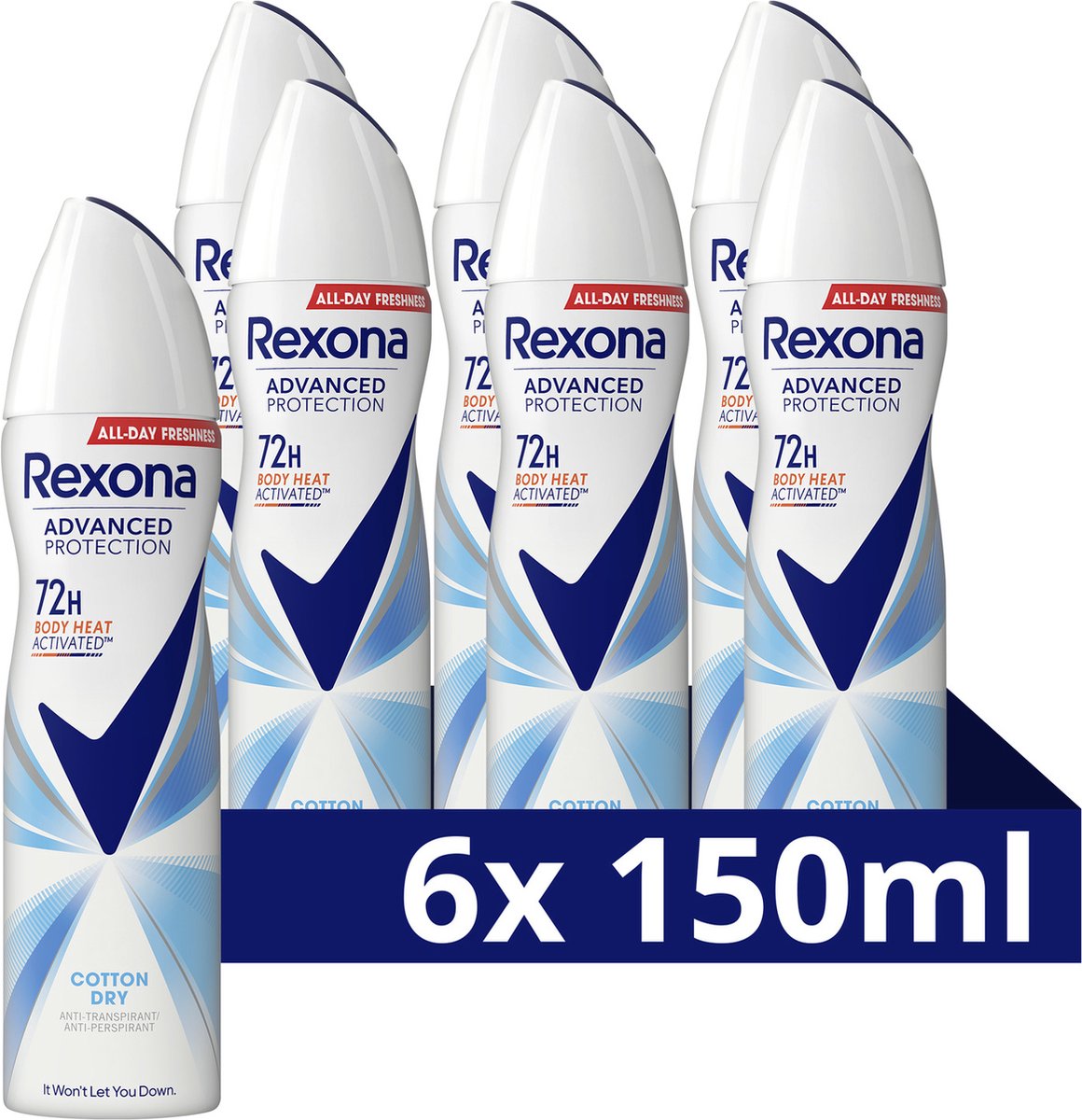 Goedkoopste Rexona Advanced Protection Anti-Transpirant Spray - Cotton Dry - met Body Heat Activated Technologie - 6 x 150 ml
