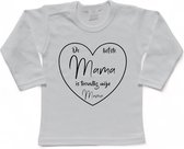 T-shirt Kinderen "De liefste mama is toevallig mijn mama" Moederdag | lange mouw | Wit/zwart | maat 98