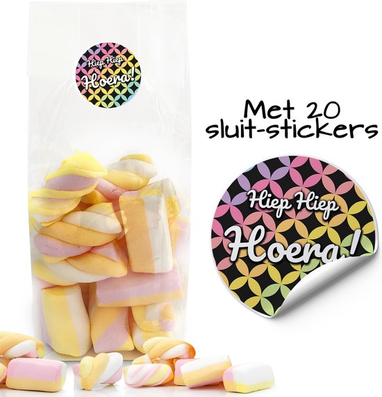 Uitdeelzakjes + sluitstickers - 20 stickers & 20 zakjes - cellofaanzakjes - Transparant - snoepzakjes - traktatie zakjes - uitdeelzakjes - Inpakzakjes - kinderfeestje - Glitter Disco